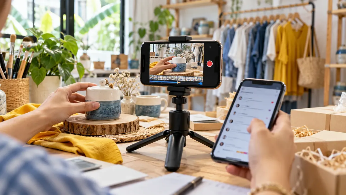 A small-business owner filming a product and checking comments